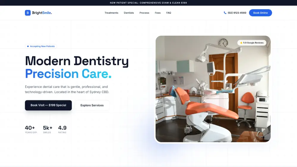 Bright Smile dental concept website on a desktop mockup