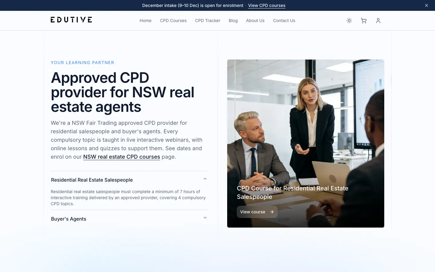 Edutive homepage for NSW real estate CPD courses