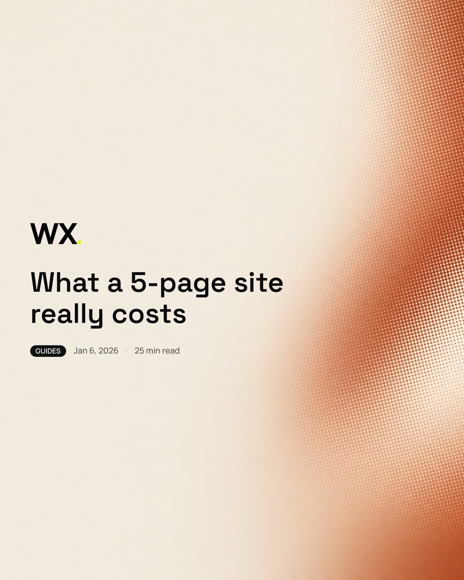 WebXpert Insights title card: cream field, terracotta and rust halftone gradient, headline What a 5-page site really costs, Guides, Jan 6, 2026, 25 min read
