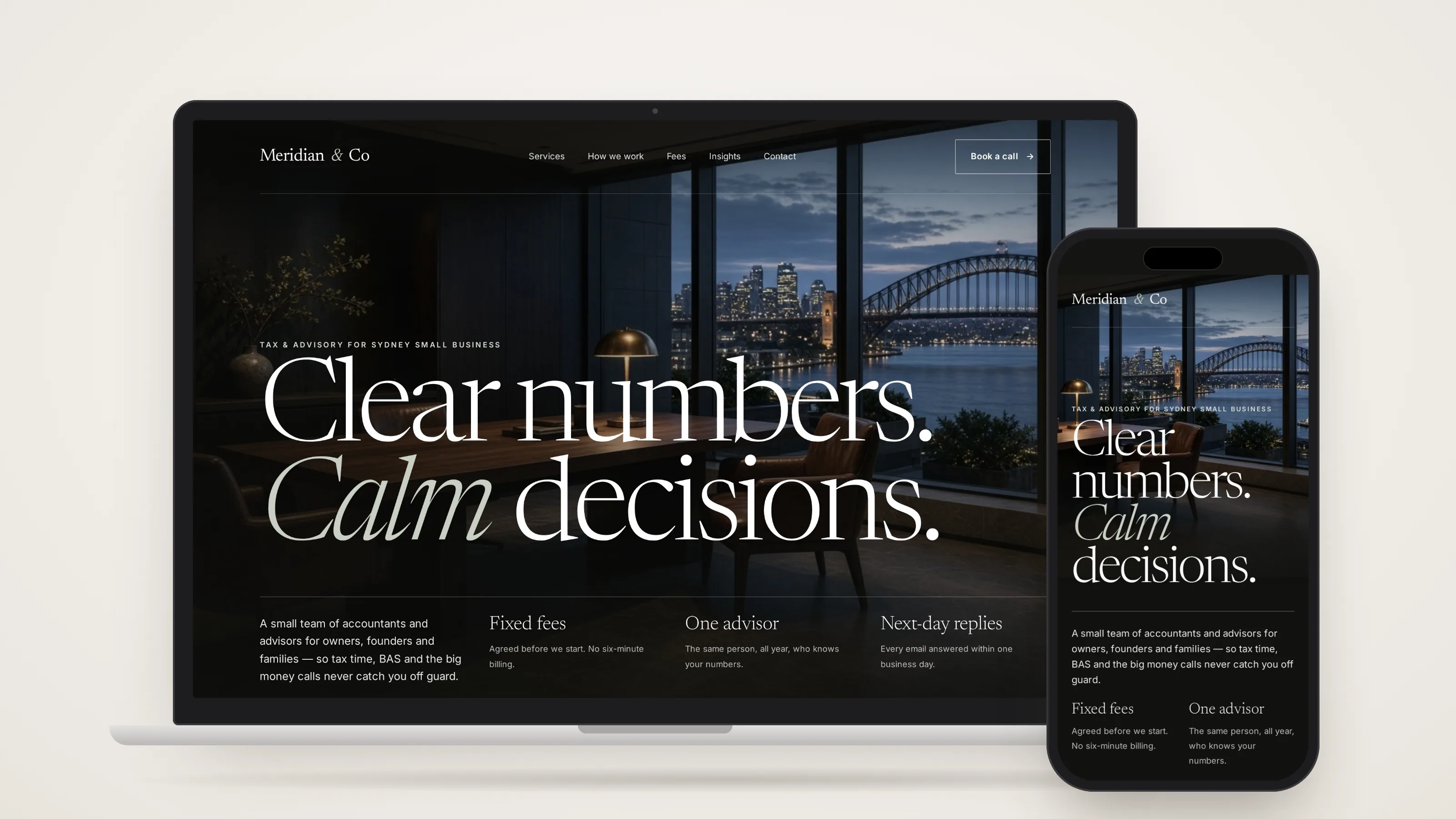 Laptop and phone mockup of the Meridian & Co site: a dusk office looking out to the Harbour Bridge on desktop, the same hero stacked on a phone