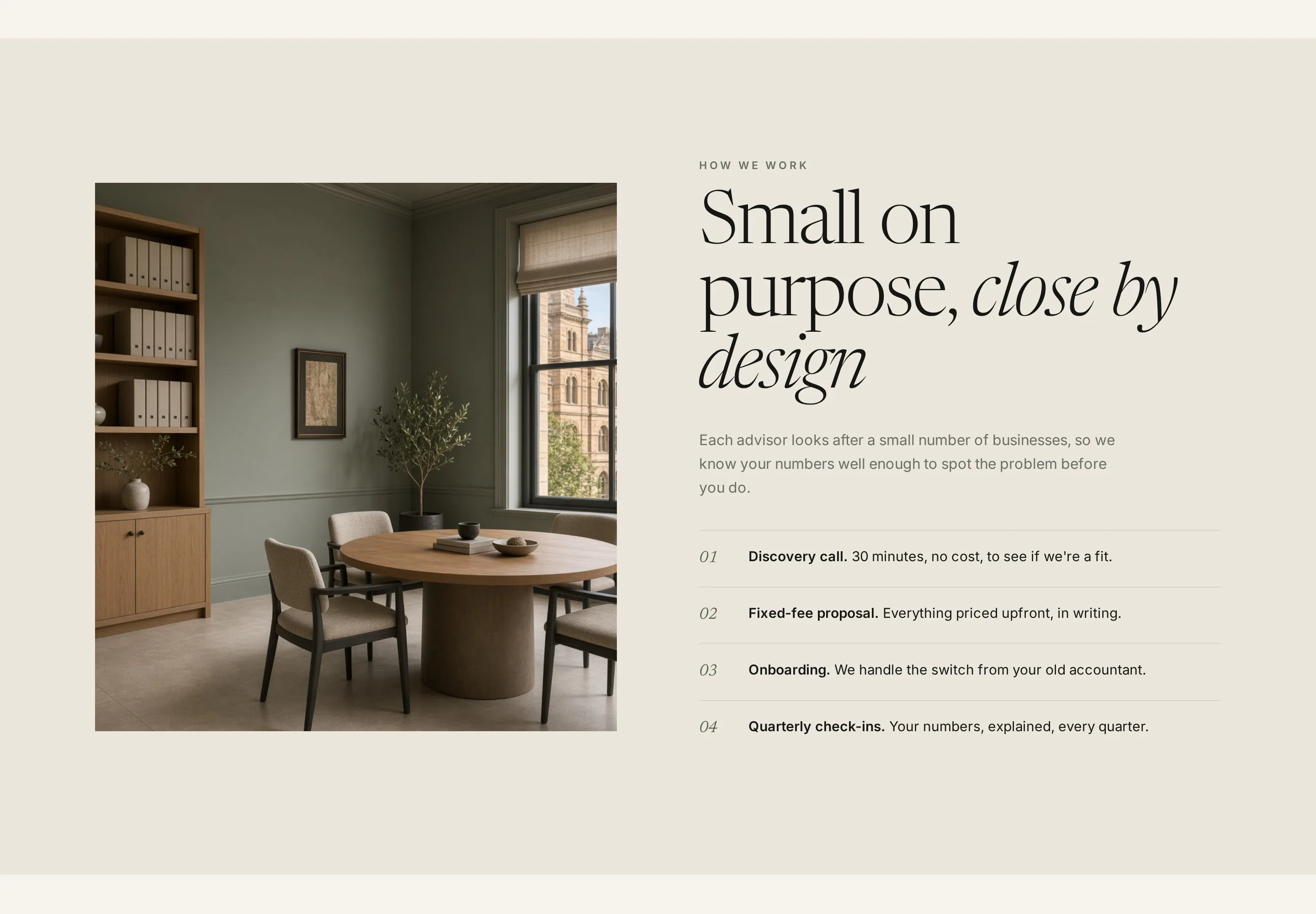 Photo of a sage-green meeting room with a round timber table, linen chairs, an olive tree, shelves of archive boxes and a sandstone building outside the window, beside the heading 'Small on purpose, close by design', a short paragraph and a numbered list: 01 Discovery call, 02 Fixed-fee proposal, 03 Onboarding, 04 Quarterly check-ins.