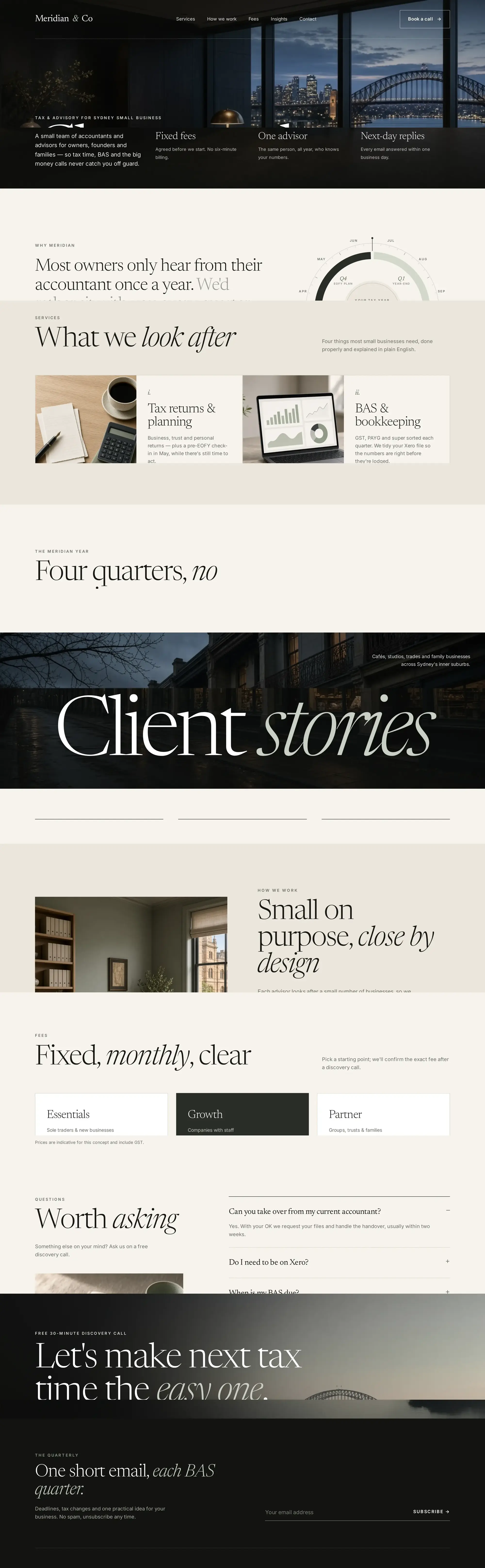 Full-page Meridian & Co accountant website concept, from the dusk Harbour Bridge hero to the footer wordmark