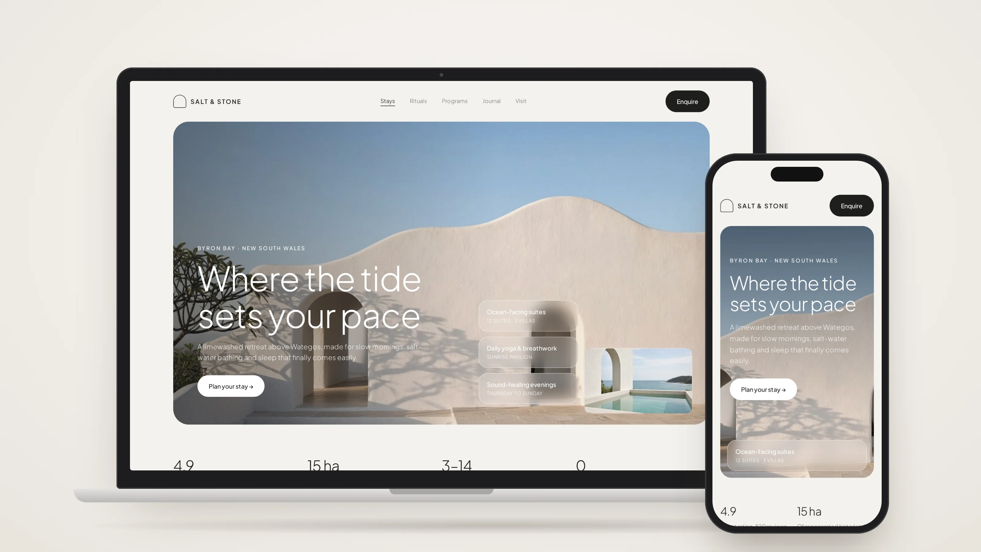 Laptop and phone mockup of the Salt & Stone site: limewashed arches on desktop, the same hero stacked on a phone