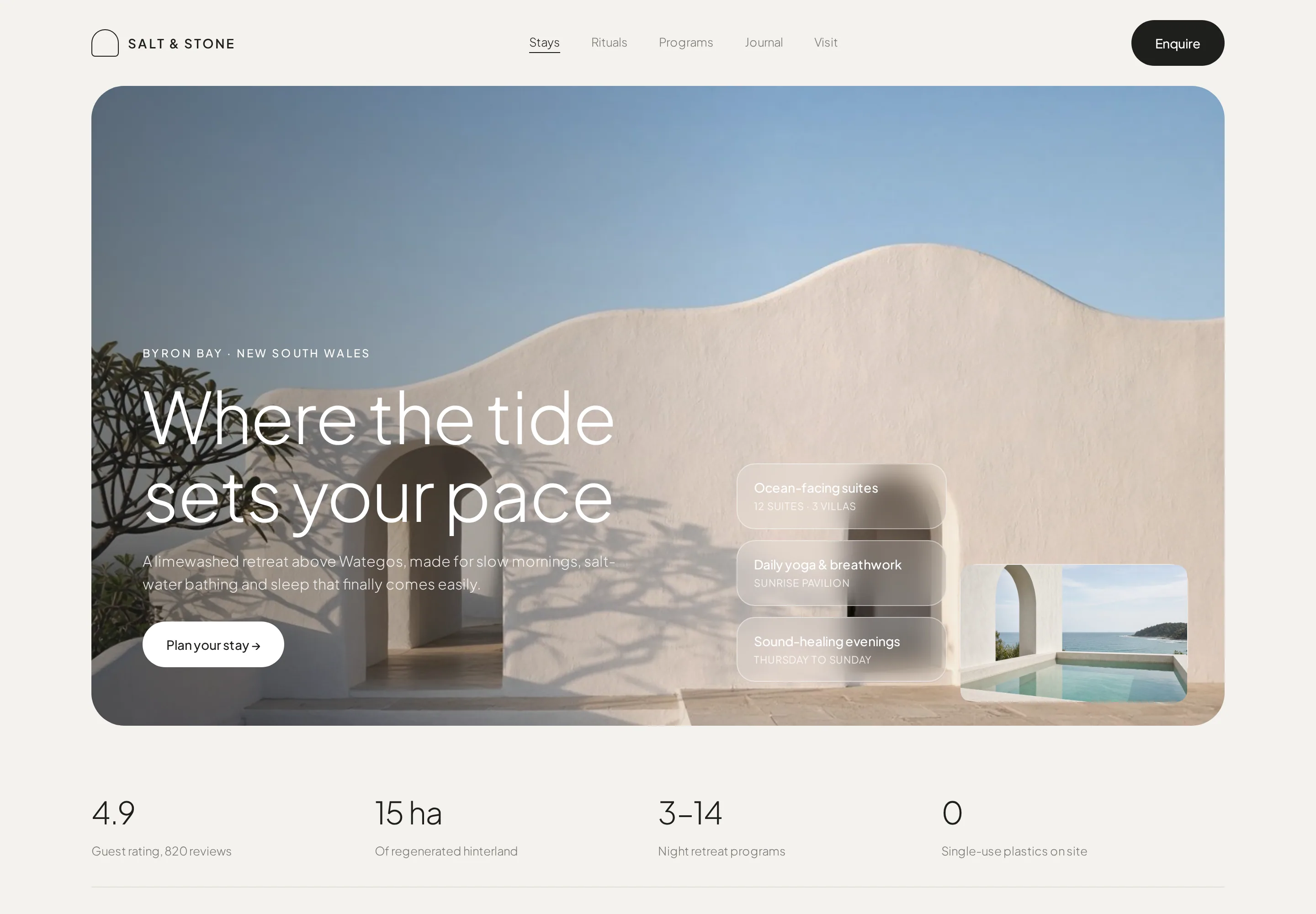 Rounded full-width photo of a white limewashed building with arched doorways and a wave-shaped parapet under a pale blue sky, with the headline 'Where the tide sets your pace', a Plan your stay button, three frosted glass cards and a small plunge-pool card, above a row of four stats. The frame also shows the top of the experiences section below.