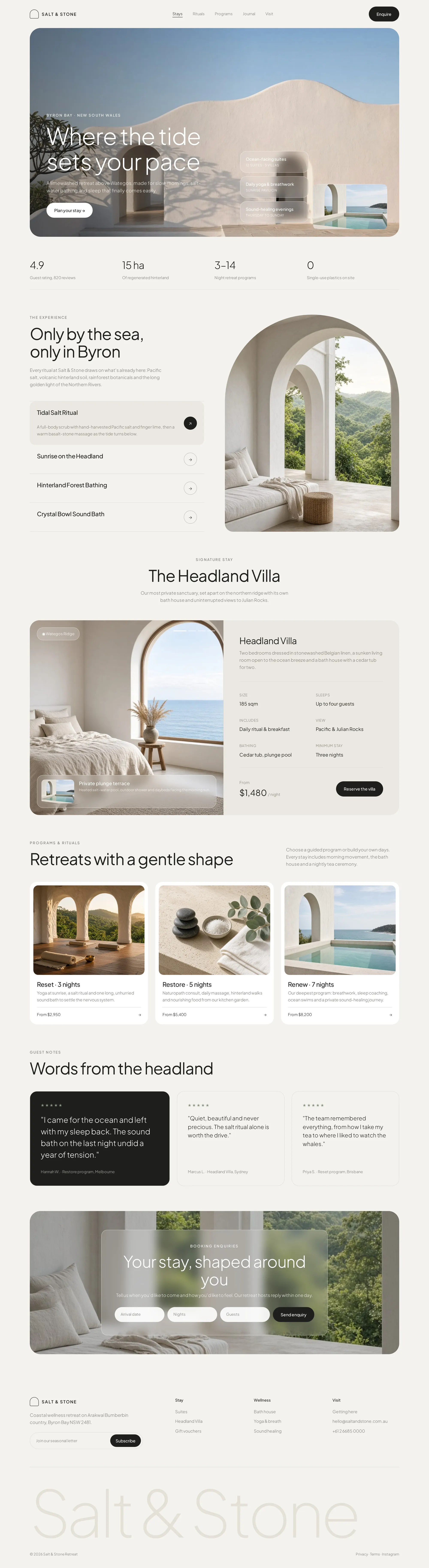 Full-page Salt & Stone wellness retreat concept, from the limewashed hero to the footer wordmark