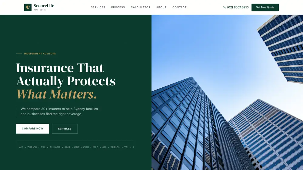SecureLife concept website hero on a desktop mockup