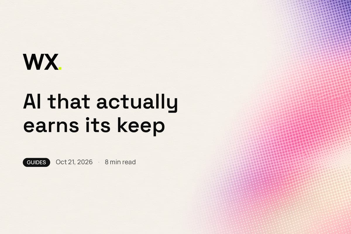 WebXpert Insights cover for AI Features for Your Business Website: cream field, violet and magenta halftone gradient, Guides, 8 min read, 21 Oct 2026