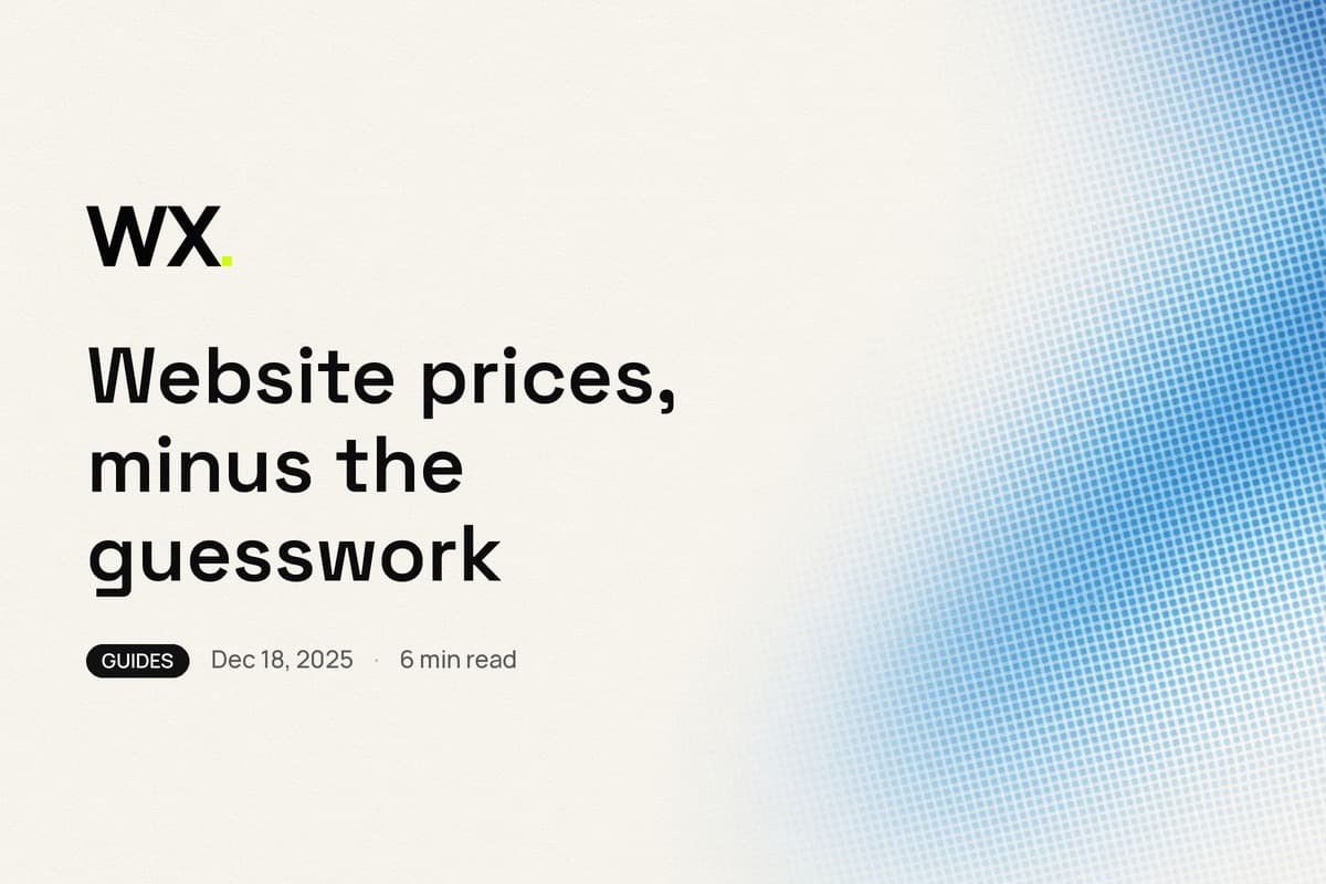 WebXpert Insights title card: cream field, ice and cyan halftone gradient, headline Website prices, minus the guesswork, Guides, Dec 18, 2025, 6 min read