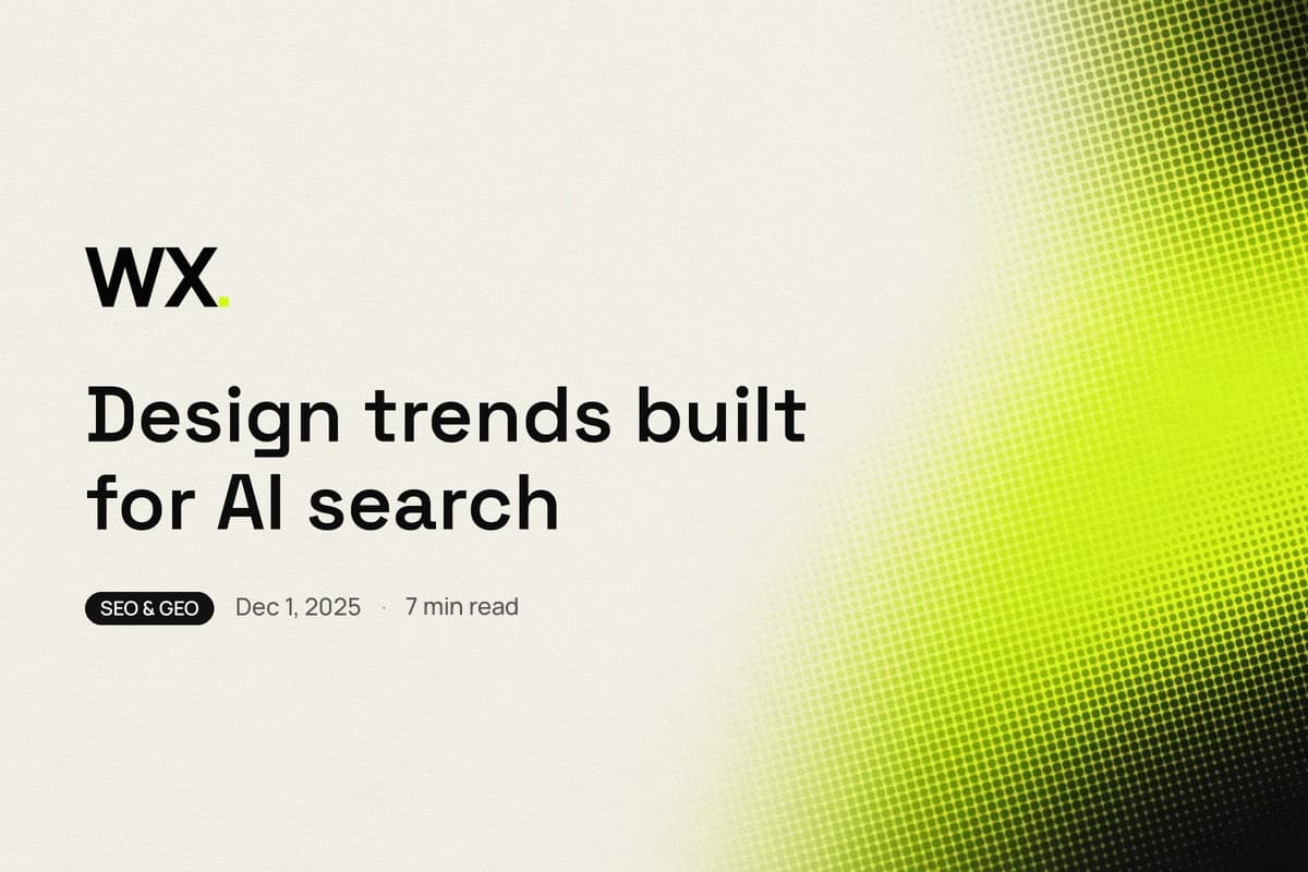 WebXpert Insights title card: cream field, acid lime and charcoal halftone gradient, headline Design trends built for AI search, SEO & GEO, Dec 1, 2025, 12 min read